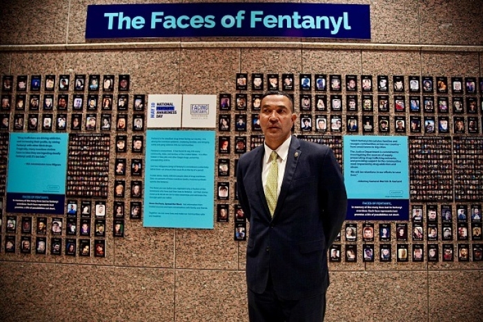 Ray Donovan, chief of operations at the Drug Enforcement Administration (DEA), stands in front of &quot;The Faces of Fentanyl&quot; wall, which displays photos of Americans who died of a fentanyl overdose, at DEA headquarters in Arlington, Virginia, on July 13, 2022. America's opioid crisis has reached catastrophic proportions, with over 80,000 people dying of opioid overdoses last year, most of them due to illicit synthetics such as fentanyl. (Photo by AGNES BUN/AFP via Getty Images)