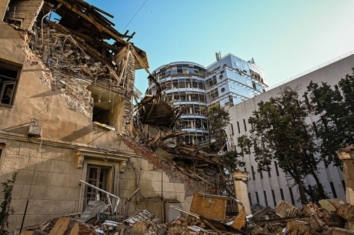 This photograph shows a damaged building following an overnight missile strike in Kharkiv, on August 29, 2022, amid Russia's war on Ukraine. (Photo by SERGEY BOBOK/AFP via Getty Images)