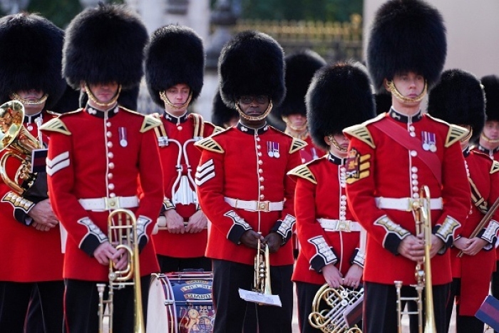 Members of the Queen’s Coldstream Guards band. (Photo by Kirsty O’Connor / Pool / AFP via Getty Images)