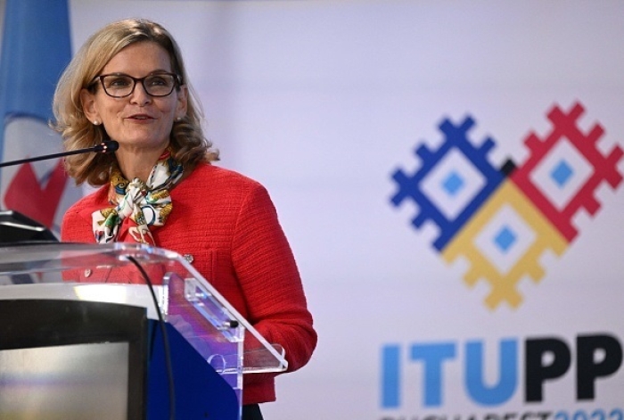 The next secretary-general of the International Telecommunication Union, Doreen Bogdan-Martin of the United States, speaks in Bucharest, Romania after her election on Thursday. (Photo by Daniel Mihailescu / AFP via Getty Images)