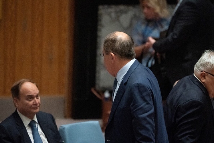 Russian Foreign Minister Sergei Lavrov walks out immediately after speaking at the U.N. Security Council on Thursday. (Photo by Bryan R. Smith / AFP via Getty Images)