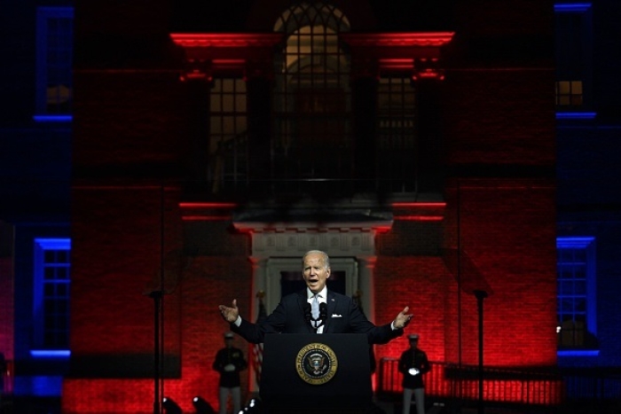 President Joe Biden speaks about the soul of the nation outside of Independence National Historical Park in Philadelphia, Pennsylvania, on September 1, 2022. (Photo by JIM WATSON/AFP via Getty Images)