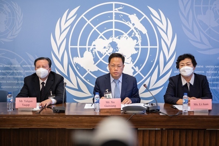 Beijing dispatched senior officials from the Xinjiang region to U.N. headquarters in Geneva last week for a PR offensive aimed at discrediting the U.N. human rights office’s report which warns of possible crimes against humanity in Xinjiang. (Photo by Fabrice Coffrini / AFP via Getty Images)