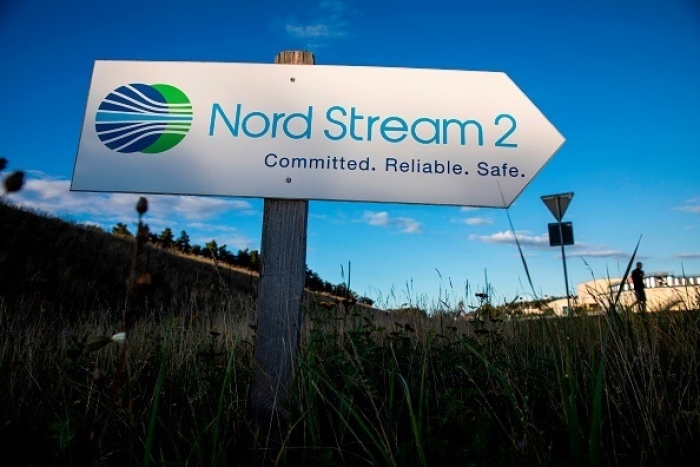 A sign near the Nord Stream 2 pipeline landfall facility in northern Germany. (Photo by Odd Andersen/AFP via Getty Images)