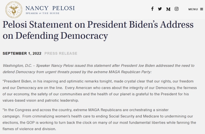 (Screen capture of part of Pelosi's statement accusing the GOP of &quot;fanning the flames of violence and division.&quot;)