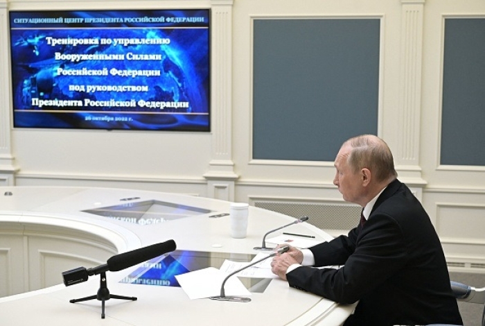 Russian President Vladimir Putin oversees this week’s exercises of the strategic deterrence forces, via video link. (Photo by Alexei Babushkin / Sputnik / AFP via Getty Images)