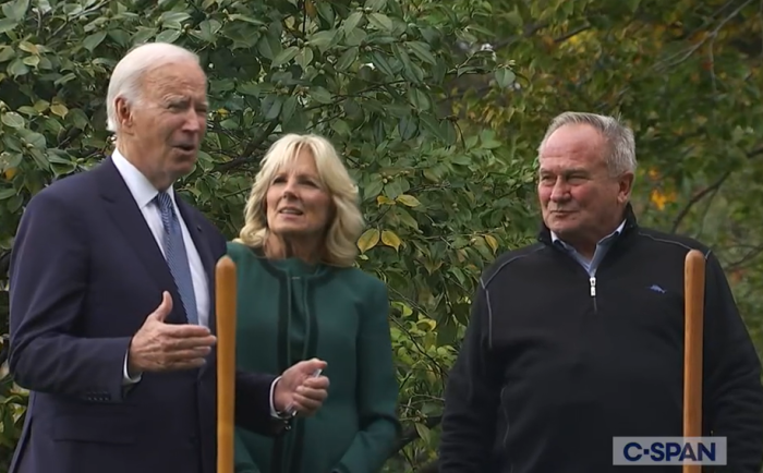 The Bidens plant an American Elm on the White House grounds, a tribute to groundskeeper Dale Haney's 50 years of service, on Oct. 24, 2022. (Photo: Screen capture)