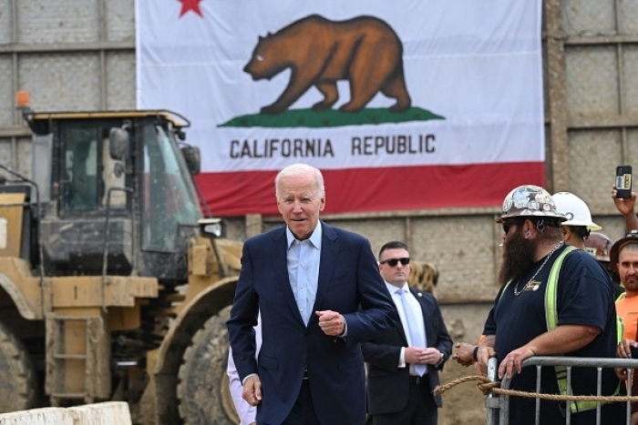 President Joe Biden gives a speech at the LA Metro D Line (Purple) Extension Transit Project in Los Angeles, California, October 13, 2022. (Photo by SAUL LOEB/AFP via Getty Images)