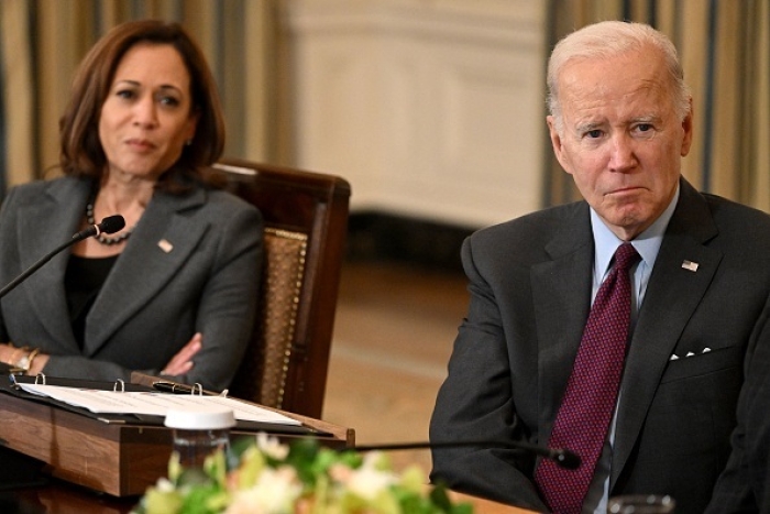 Vice President Kamala Harris and President Joe Biden attend the second meeting of the Task Force on Reproductive Healthcare Access at the White House on October 4, 2022. (Photo by SAUL LOEB/AFP via Getty Images)