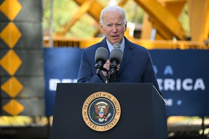 President Joe Biden speaks about infrastructure at the Fern Hallow Bridge in Pittsburgh, Pennsylvania, on October 20, 2022. (Photo by MANDEL NGAN/AFP via Getty Images)