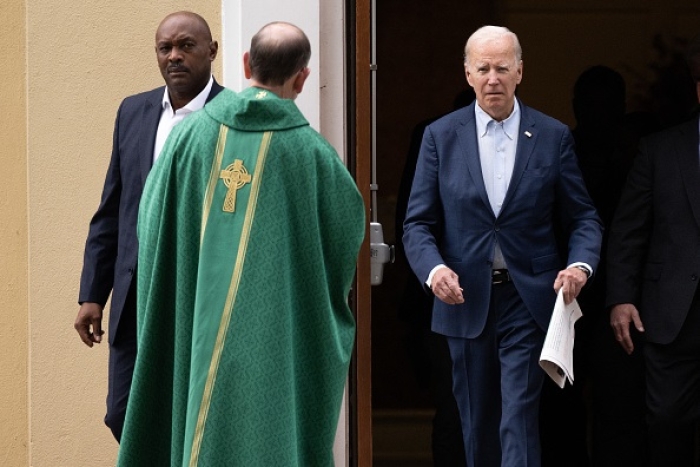 President Joe Biden leaves mass at Saint Joseph on the Brandywine Roman Catholic Church in Wilmington, Delaware, on October 16, 2022. (Photo by SAUL LOEB/AFP via Getty Images)