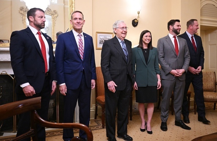Senate Minority Leader Mitch McConnell (R-Ky.) poses with Republican senators-elect at the U.S. Capitol on November 15, 2022. (Photo by MANDEL NGAN/AFP via Getty Images)