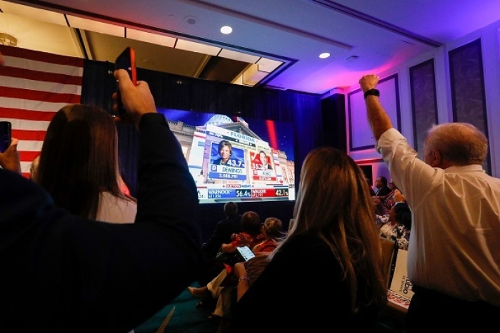 Election night jubilation in Sen. Marco Rubio's campaign as he coasts to an easy victory. (Photo by EVA MARIE UZCATEGUI/AFP via Getty Images)