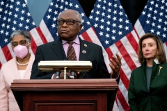 House Majority Whip James Clyburn (D-SC) speaks during the unveilling ceremony of the Joseph H. Rainey Room in the US Capitol in Washington, DC, on February 3, 2022. - Rainey was the first elected Black member of the House of Representatives who served from 1870 to 1879. (Photo by GREG NASH/POOL/AFP via Getty Images)