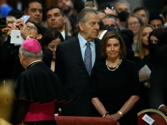Speaker of the House Nancy Pelosi (R) attends a mass for the Solemnity of Saints Peter and Paul led by the pope on June 29, 2022 at St Peter's basilica (Photo by TIZIANA FABI/AFP via Getty Images)