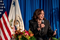  Vice President Kamala Harris speaks during a discussion about reproductive rights with NARAL Pro-Choice America President Mini Timmaraju and Julieta Garibay, Senior Capacity Building Director for Groundswell Fund, not pictured, at the LBJ Presidential Library in Austin, Texas, on October 8, 2022. (Photo by SERGIO FLORES/AFP via Getty Images)