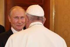 Pope Francis meets with Russian President Vladimir Putin at the Vatican in July 2019. (Photo by Vatican Pool/Getty Images)