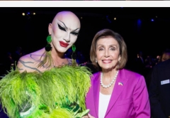 Sasha Valour and Nancy Pelosi attend Tectonic Theater Project's Annual Benefit 'A Tectonic Cabaret' at Chelsea Factory on Oct. 3, 2022 in New York City. (Photo by Santiago Felipe/Getty Images)
