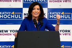 New York Governor Kathy Hochul speaks during a &quot;Get Out the Vote&quot; rally with US Vice President Kamala Harris and former US Secretary of State Hillary Clinton in New York City on November 3, 2022. (Photo by TIMOTHY A. CLARY/AFP via Getty Images)