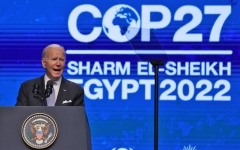  President Joe Biden delivers a speech during the COP27 climate conference in Egypt's Red Sea resort city of Sharm el-Sheikh, on November 11, 2022. - Biden arrived at UN climate talks in Egypt today, armed with major domestic achievements against global warming but under pressure to do more for countries reeling from natural disasters (Photo by AHMAD GHARABLI/AFP via Getty Images)